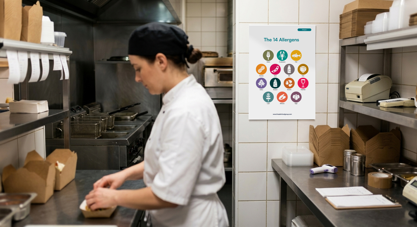 The 14 allergens poster displayed at eye level on the wall of a commercial kitchen, next to a stainless-steel preparation bench where a chef is working.